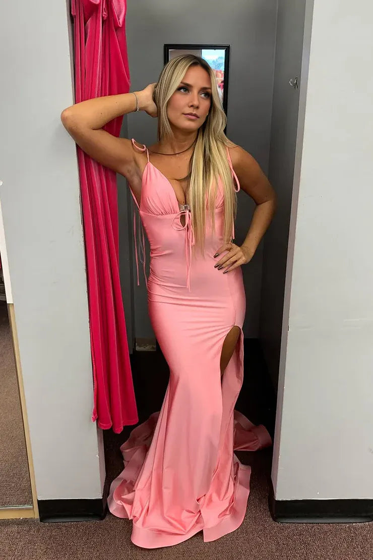 Robe Weitese à bretelles spaghetti, charmante robe de bal sirène en satin corail à col en V et fente